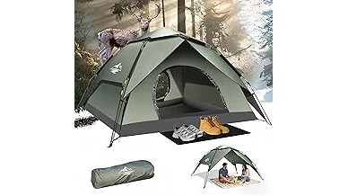 The image shows a compact, two-person car camping tent set up in a scenic outdoor location.