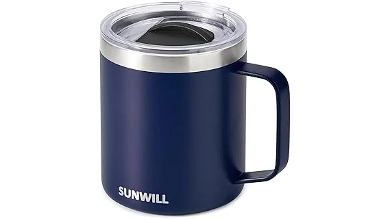 The image shows a collection of durable camping coffee mugs with lids, perfect for outdoor adventures.