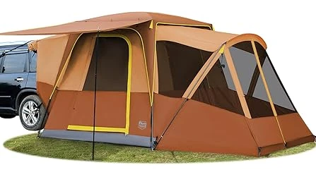 The image shows a spacious family camping tent set up outdoors, perfect for car camping adventures.