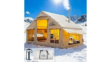 This image shows a spacious inflatable camping tent set up, ready for use with a stove.