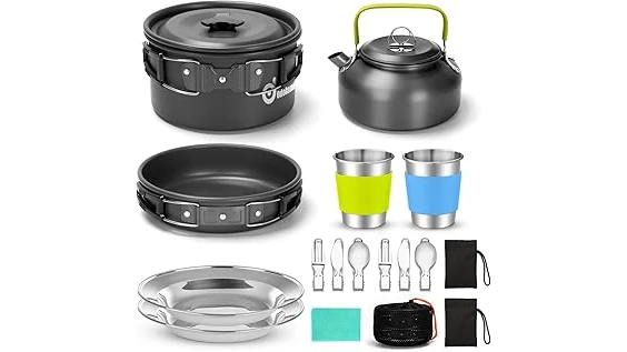 The image shows a compact camping cooking set with a stove, perfect for outdoor adventures.