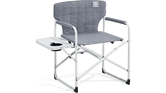 The image shows a child using a colorful kids camping chair with a built-in table, perfect for outdoor adventures.