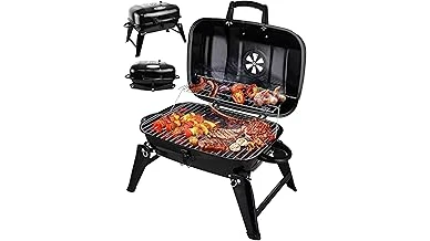 The image shows a small, portable grill ready for outdoor cooking, perfect for camping adventures.