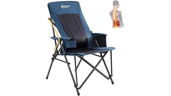 The image shows a comfortable camping chair with excellent back support, ideal for outdoor relaxation.