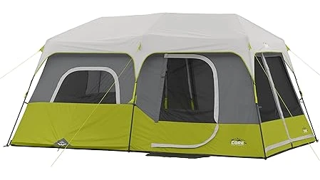The image shows a spacious tent set up outdoors, highlighting comfort for camping.