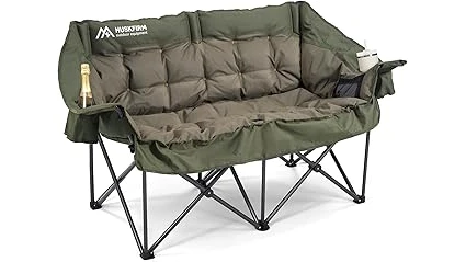 This image shows two people relaxing comfortably in a sturdy double camping chair.