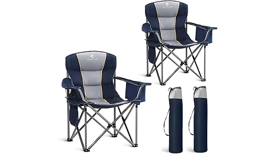 The image shows several durable, supportive camping chairs designed for heavier individuals, perfect for outdoor adventures.