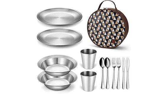 This image shows a neatly packed camping dinnerware set with case, ideal for outdoor adventures.