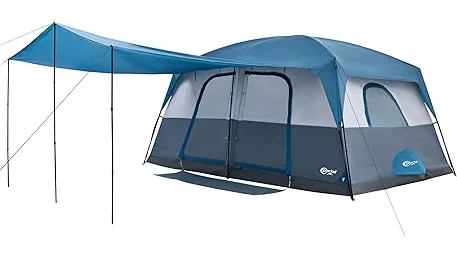 The image shows a spacious camping tent with an accessible AC port, ideal for comfortable outdoor adventures.