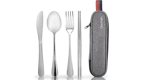 The image shows a collection of top-rated camping utensil sets neatly organized within their carrying cases.