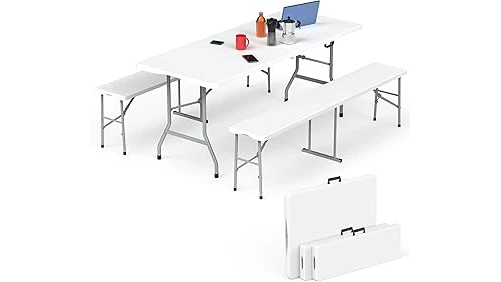 The image shows a versatile foldable camping table and chairs set, perfect for outdoor adventures.