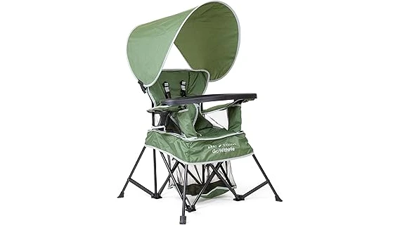 This image shows a vibrant, portable kids camping chair with a canopy, perfect for outdoor adventures.