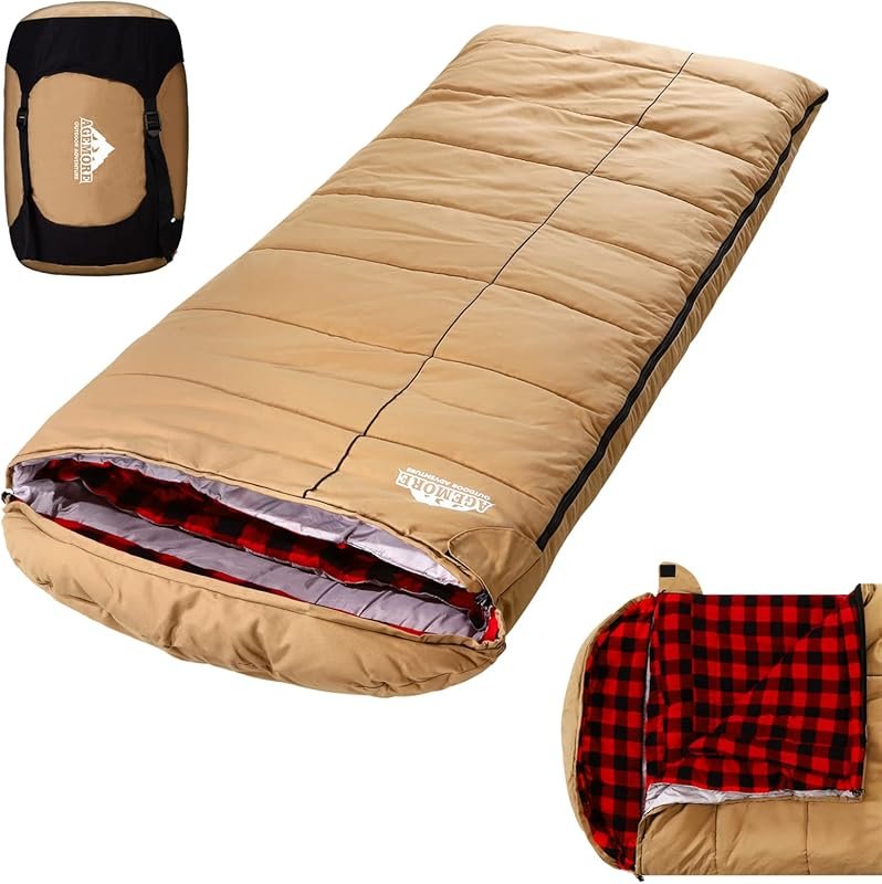 AGEMORE 0 Degree Canvas Sleeping Bag for Adults: Warm Cotton Flannel L