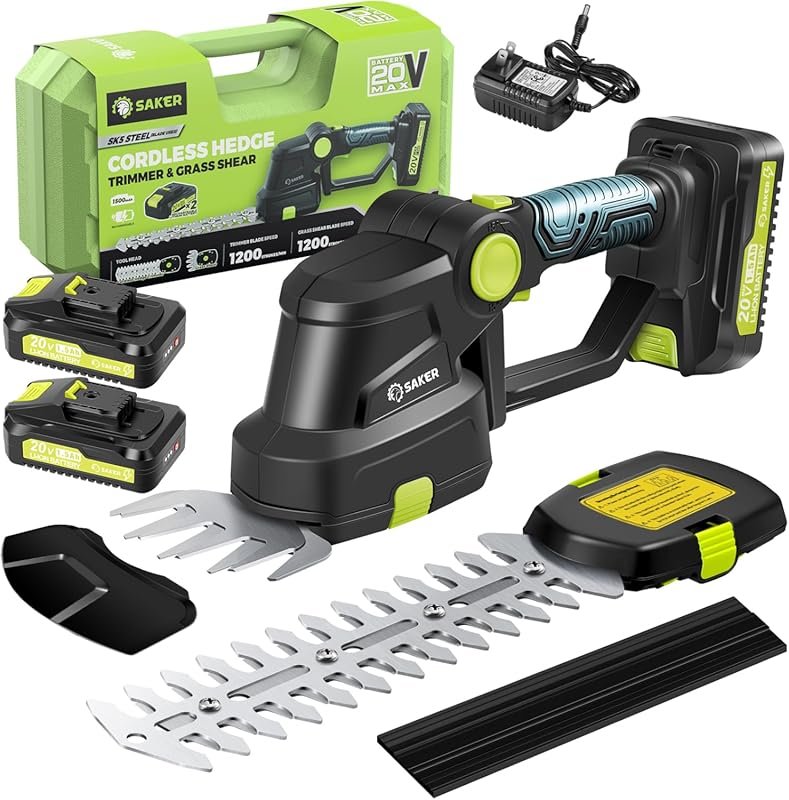 Saker 20V Cordless Hedge Trimmer and Grass Shears with 2 Batteries and