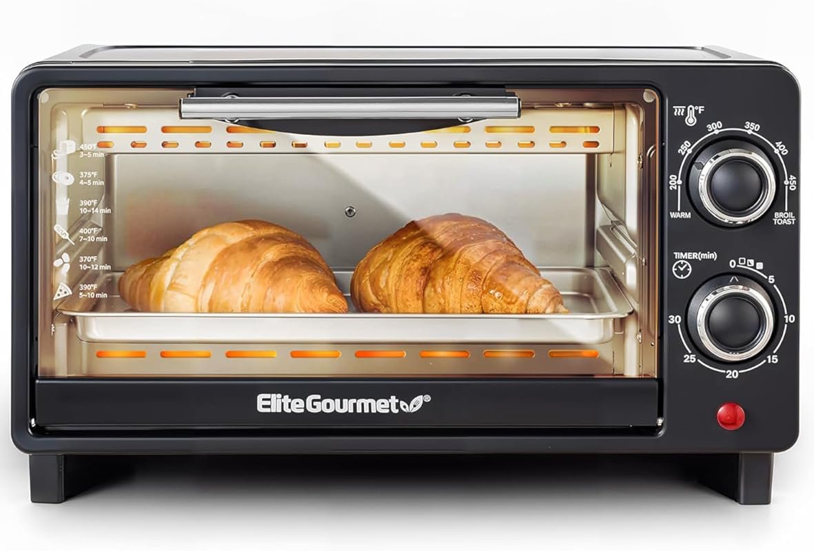Elite Gourmet 9L Countertop Toaster Oven, 4-Slice, 30-Min Timer, Bake 